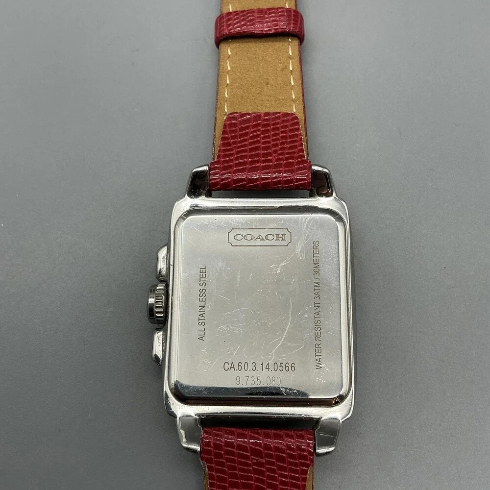 Coach Boyfriend Square Womens Watch 32mm Silver Dial Red Leather New Battery